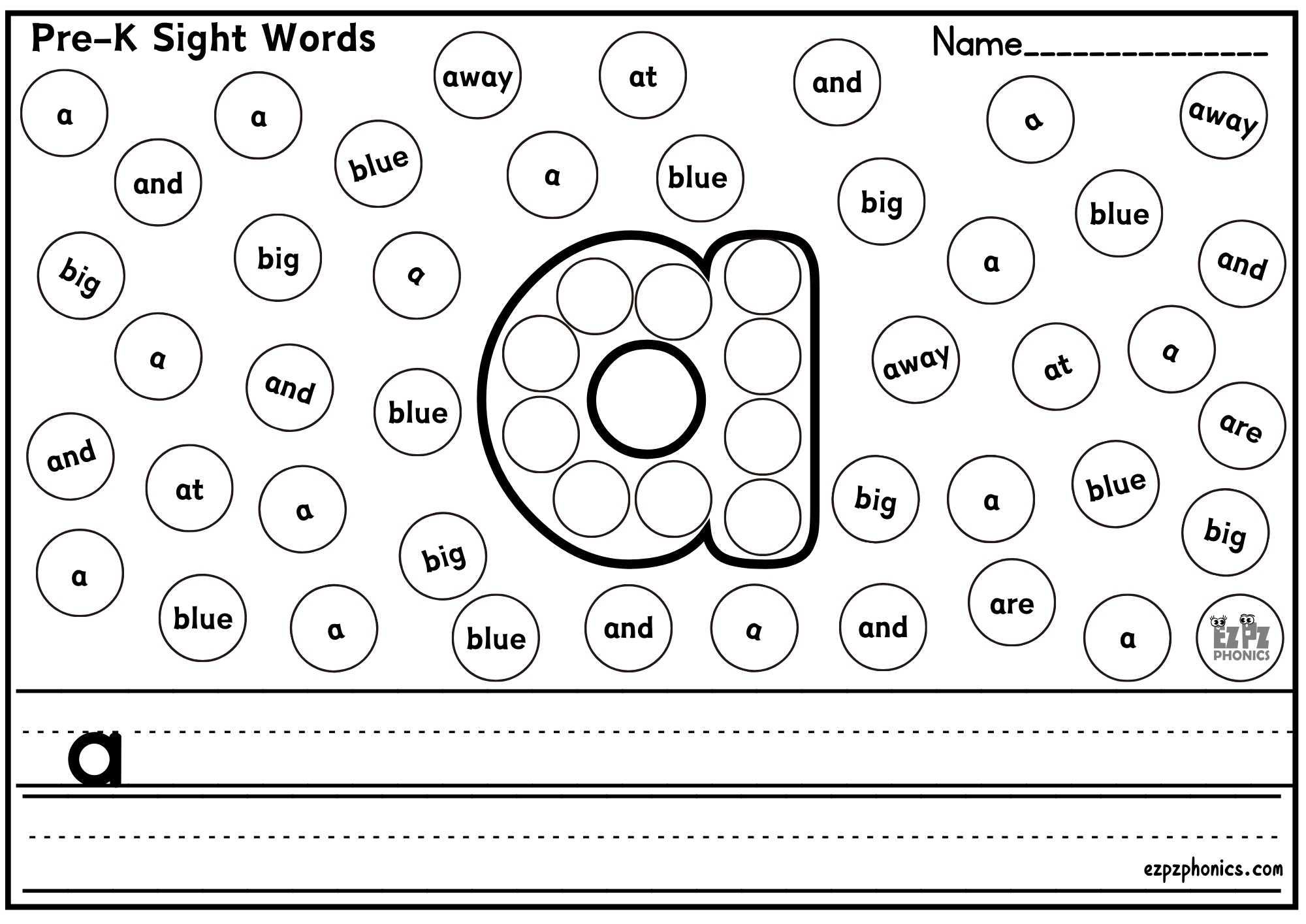"a" Dolch Sight Word Dab & Write Worksheet Pre K Free PDF Download